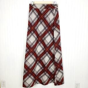 New Girl Vintage Red White Plaid 1970s Silk Maxi Bohemian Skirt Size 13